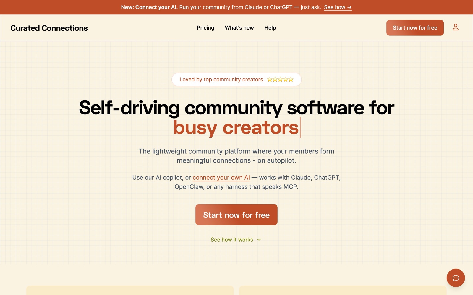 The top of Curated Connections's landing page