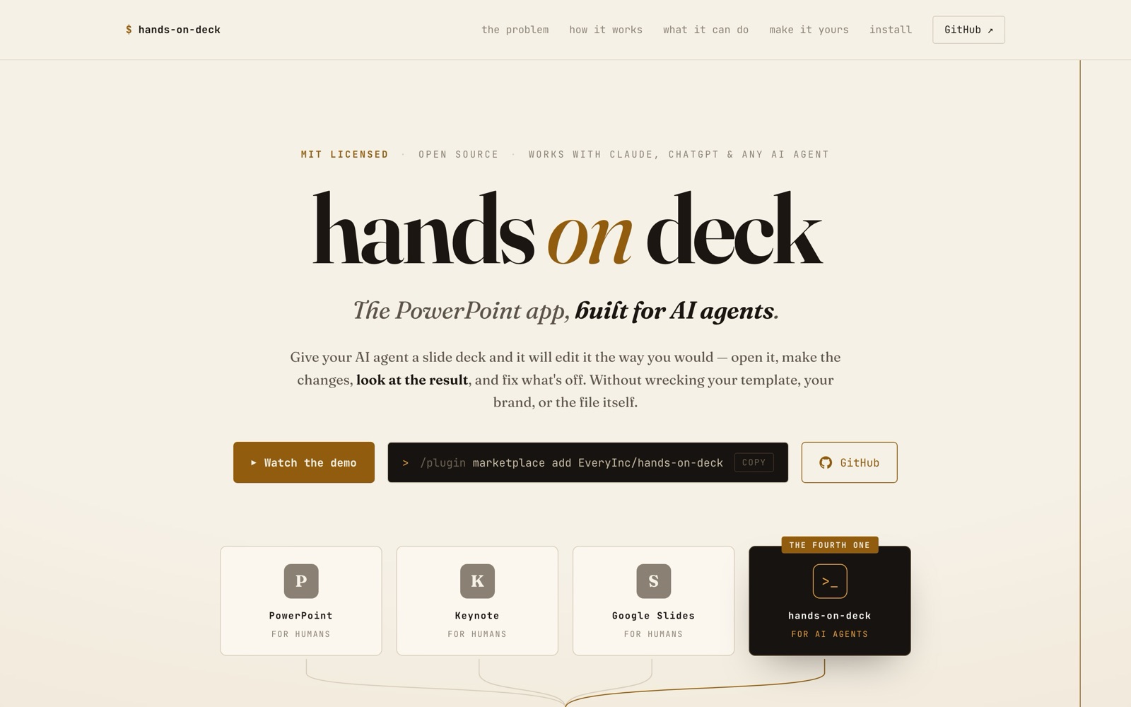 The top of hands-on-deck's landing page