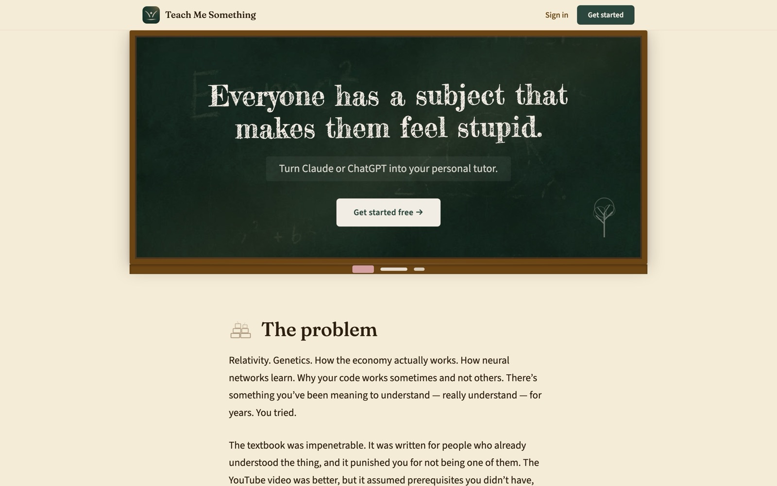 The top of Teach Me Something's landing page