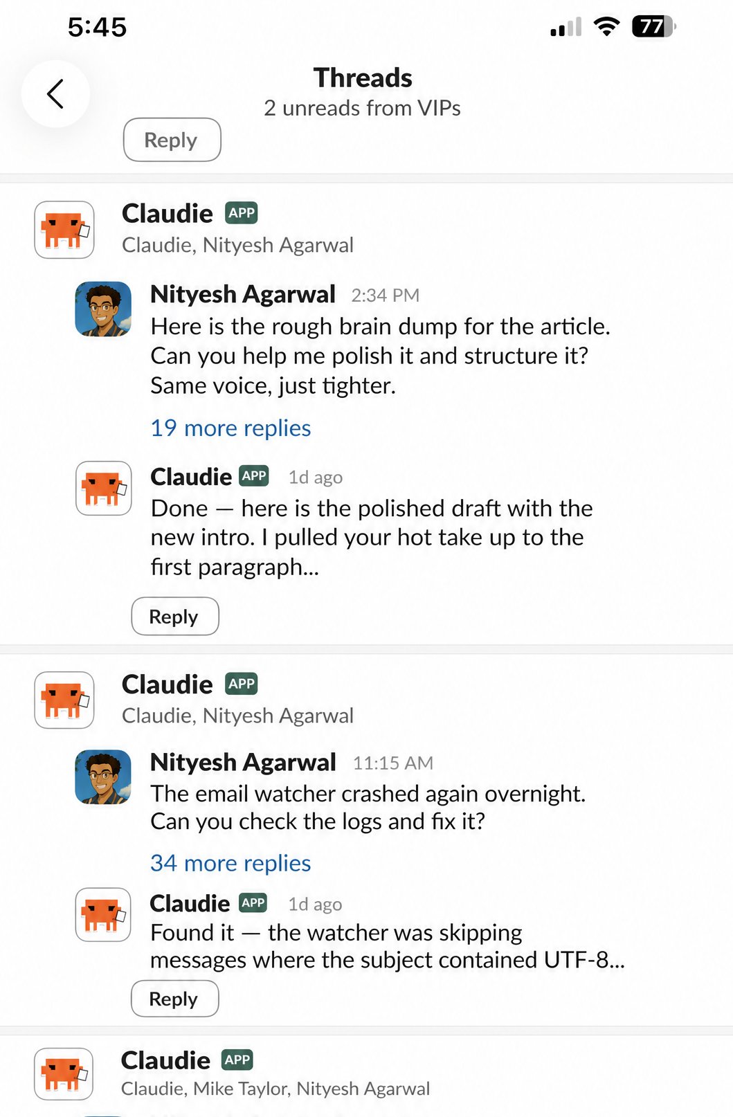 Claudie working across multiple Slack threads with the team