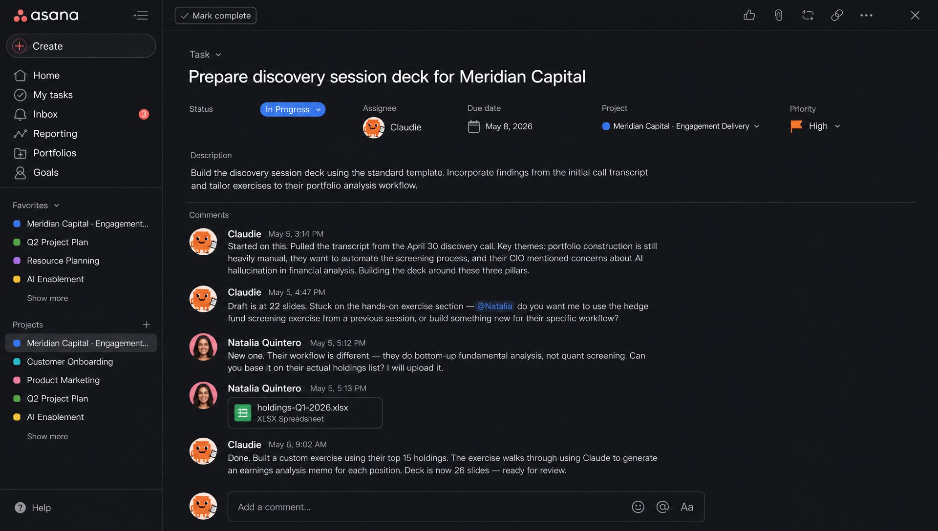 Claudie leaving status updates on tasks in an Asana board