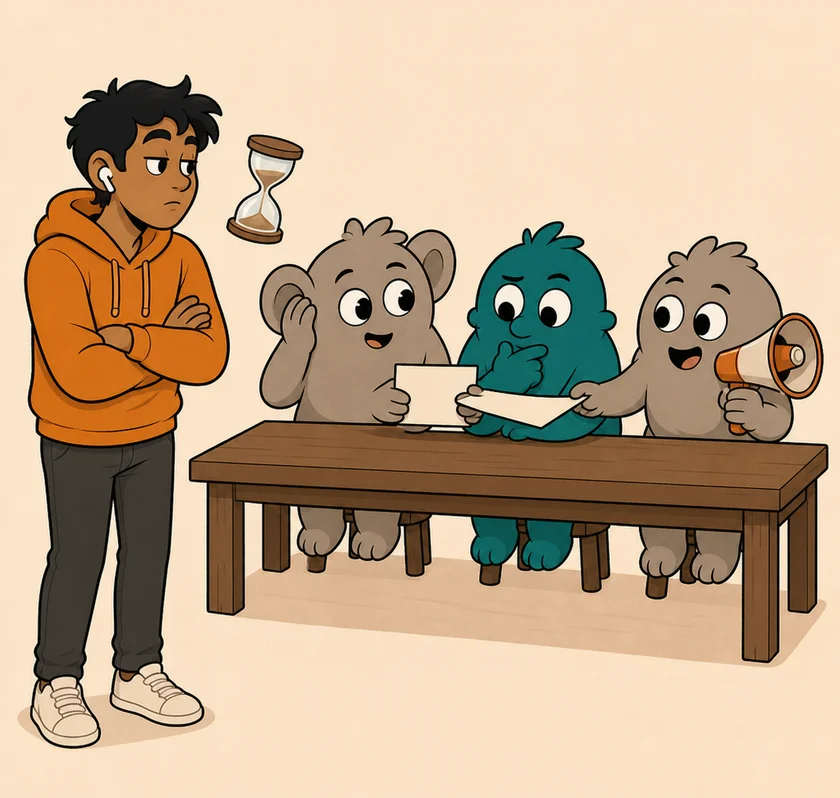 A young man in an orange hoodie waits with his arms crossed beside a floating hourglass while three furry creatures at a table pass a sheet of paper along: a beige one with big ears, a teal one thinking, and a grey one holding a megaphone.