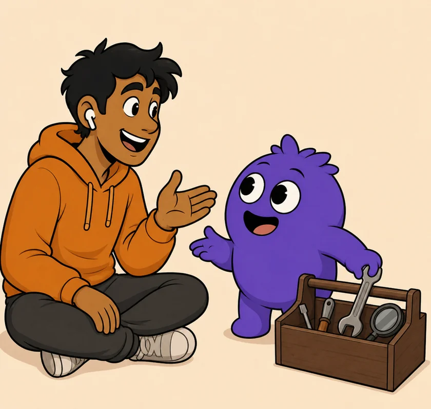 A young man in an orange hoodie sits on the floor chatting with a purple furry creature, which waves to him with one hand and pulls a wrench out of an open toolbox with the other.