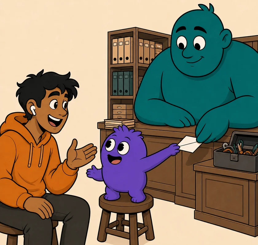 A small purple furry creature on a stool faces a young man in an orange hoodie and chats with him while handing a note backwards to a huge teal creature leaning over a desk behind it.