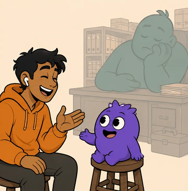 The man laughs and chats with the small purple creature on a stool. In the background the big teal figure dozes at its desk, faded.