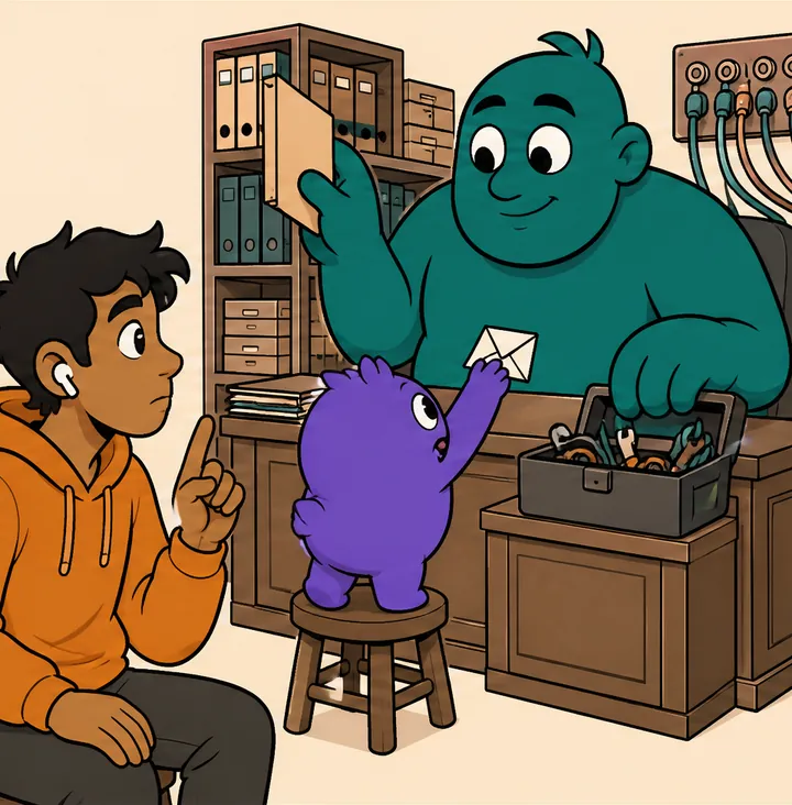 The man raises a finger to ask something. The small purple creature reaches up to hand a note to the big teal figure, who is now awake, pulling a folder from the shelf and reaching into a toolbox.