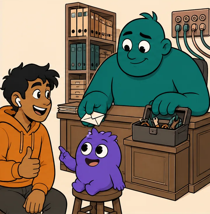 The big teal figure hands a note back down. The small purple creature turns to the man and tells him the answer; he gives a thumbs-up.